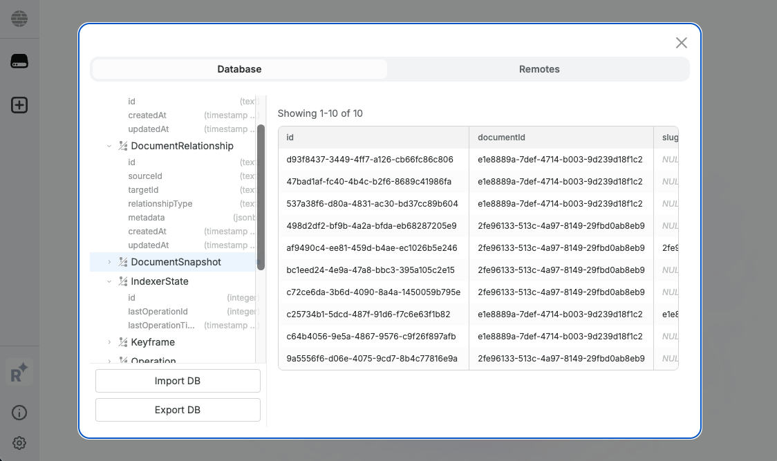 Schema tree with expanded table